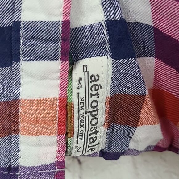 Aeropostale XS Soft Red Blue Check Plaid Button Down Long Sleeve Shirt Y2K 90s - Picture 8 of 11